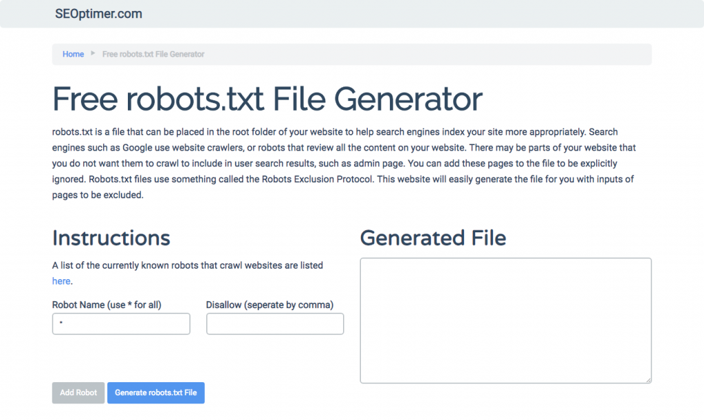 SEOptimer darmowy generator robots.txt