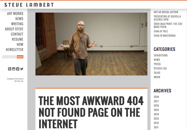 przykład komunikatu błędu 404 ze strony internetowej Steve'a Lamberta